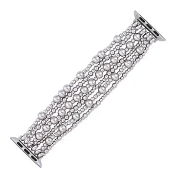 Platinum demure stretch apple watch strap with platinum beads of different sizes with a silver clasp by cape diablo
