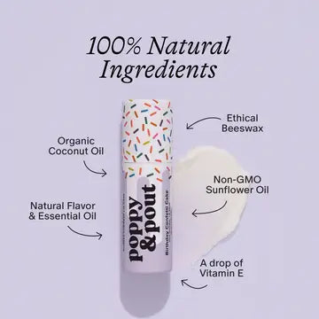 Poppy and Pout Purple birthday cake confetti Lip balm with labeled natural ingredients on a light purple background