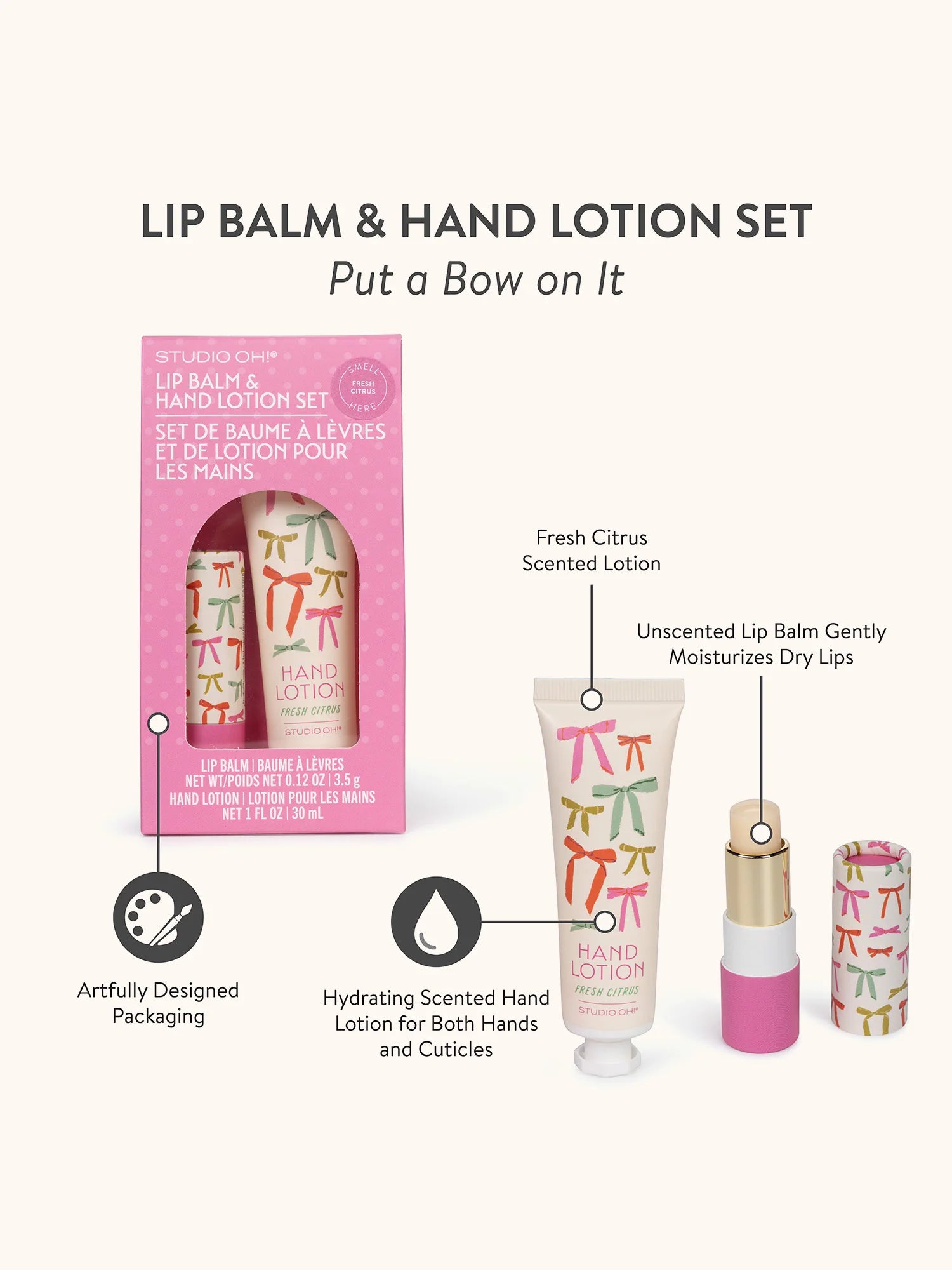 Studio Oh! Put a Bow on it Lip balm and hand lotion set with packaging on a white background