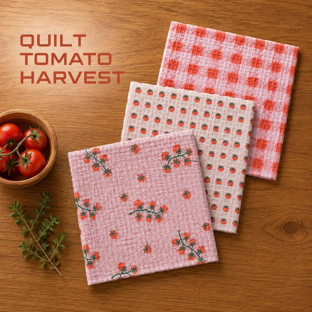 Geometry Quilt Tomato Harvest dishcloth set with Three quilted fabric squares with tomato-themed patterns are arranged on a wooden table. One square is light pink with small red tomatoes and green stems, one is white with red gingham and red tomato motifs, and one is pink with red gingham.  The Little Exchange SKU 148291