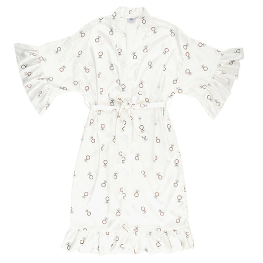 Bella Long Ruffled Satin Robe - White Ring L/XL