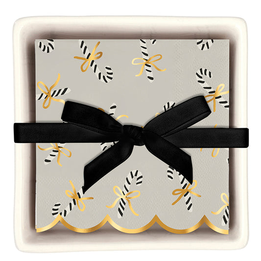 Candy Cane Napkins in Ceramic Tray