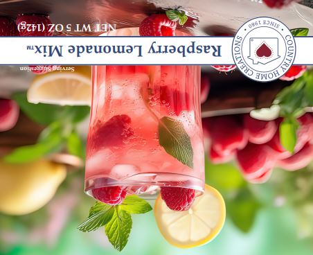 Raspberry lemonade mix packaging with a glass of lemonade, raspberries, and mint leaves.