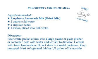 Raspberry lemonade mix recipe card with ingredients and directions.