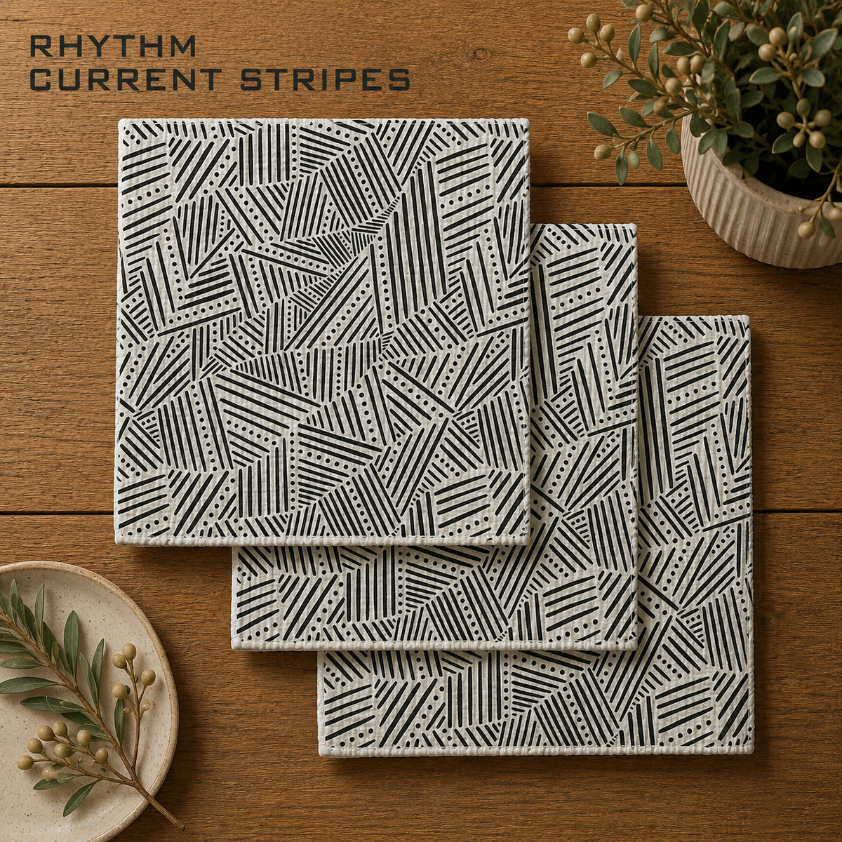 Geometry rhythm current stripes square dishcloths set of three with white and a geometric pattern with black stripes and polka dots.  The Little Exchange SKU 150047