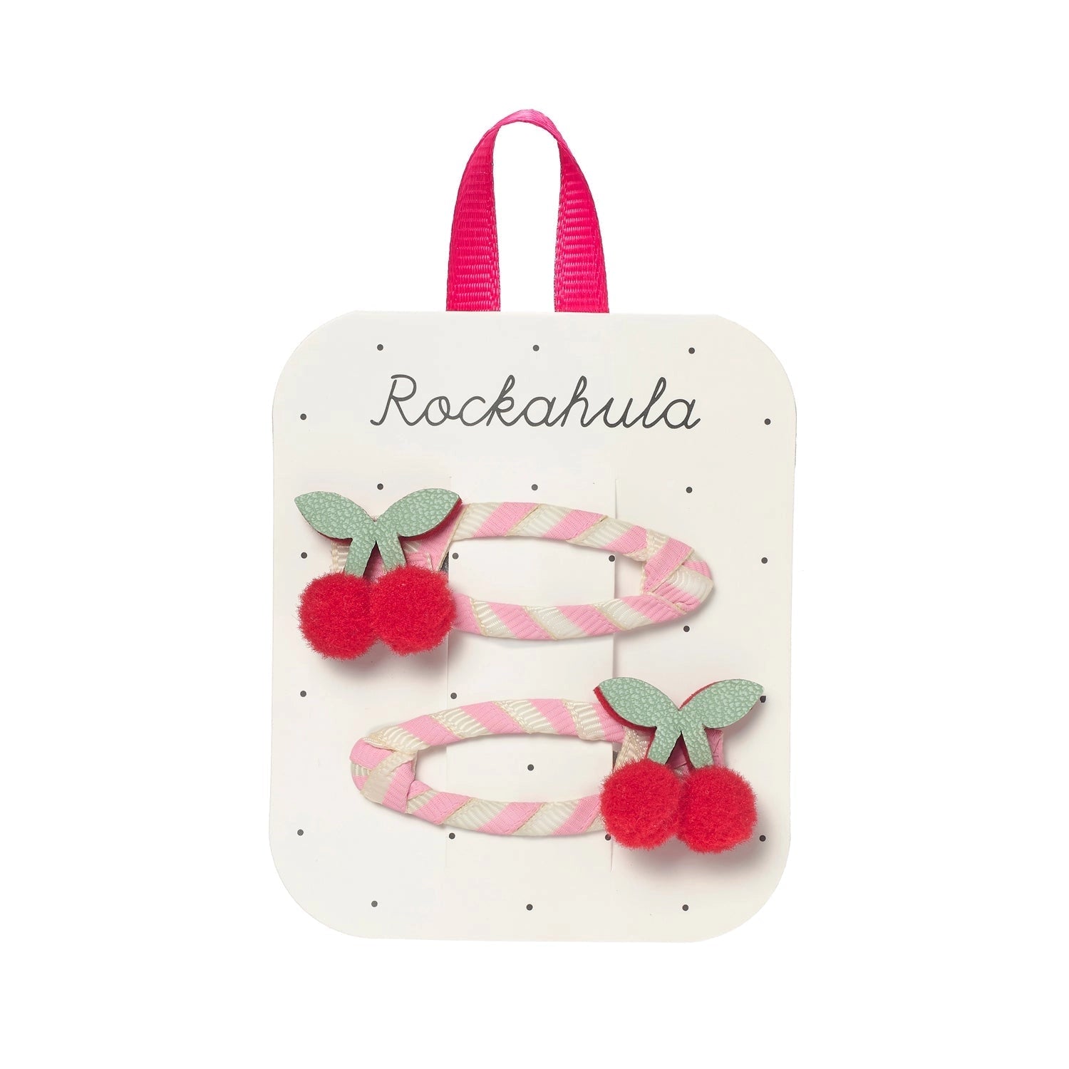 Set of hair clips with cherry design on a Rockahula branded card.