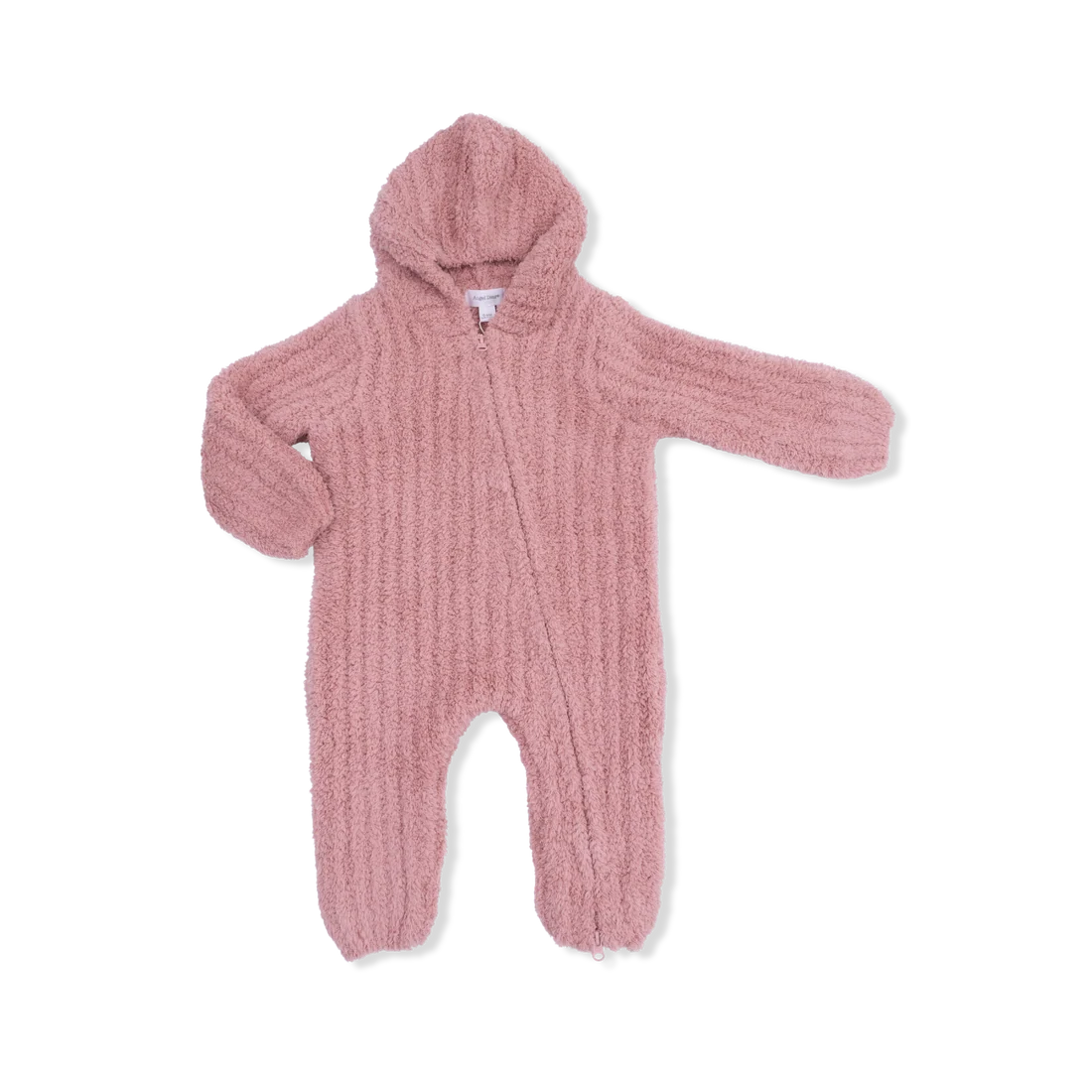 Angel dear dusty rose baby's pink ribbed fleece hooded one-piece romper with long sleeves and legs, shown against a plain white background.