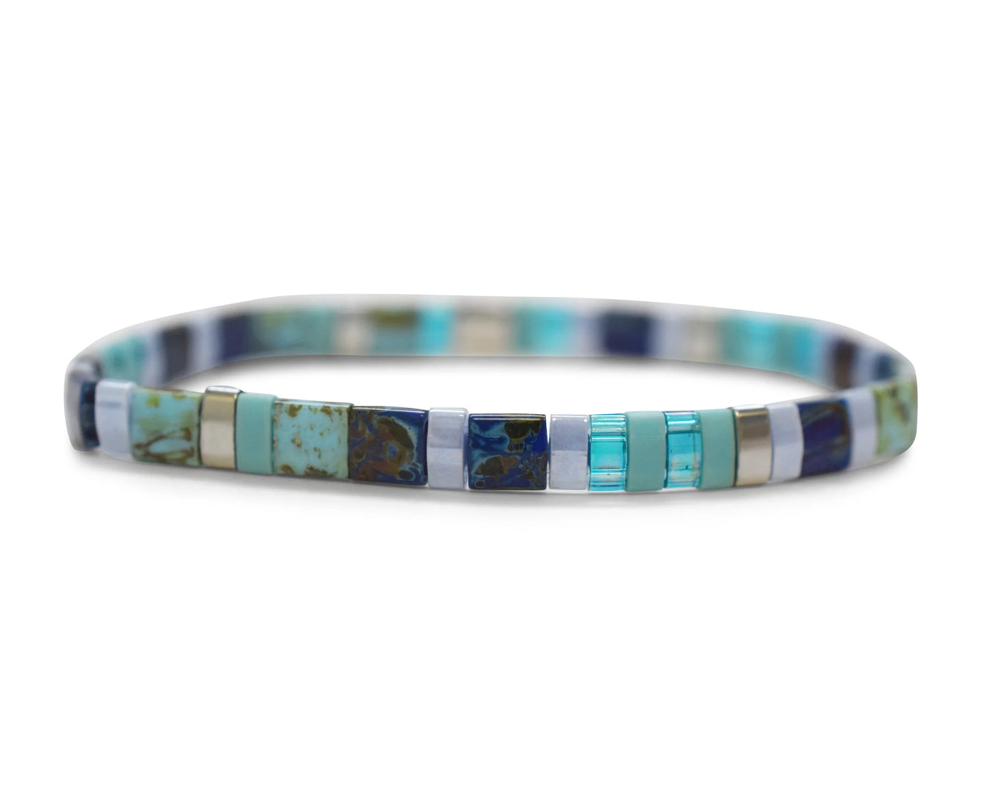 A multicolored stretch bracelet made from Japanese glass Miyuki Tila beads with a Morse code pattern, featuring shades of blue and other colors.