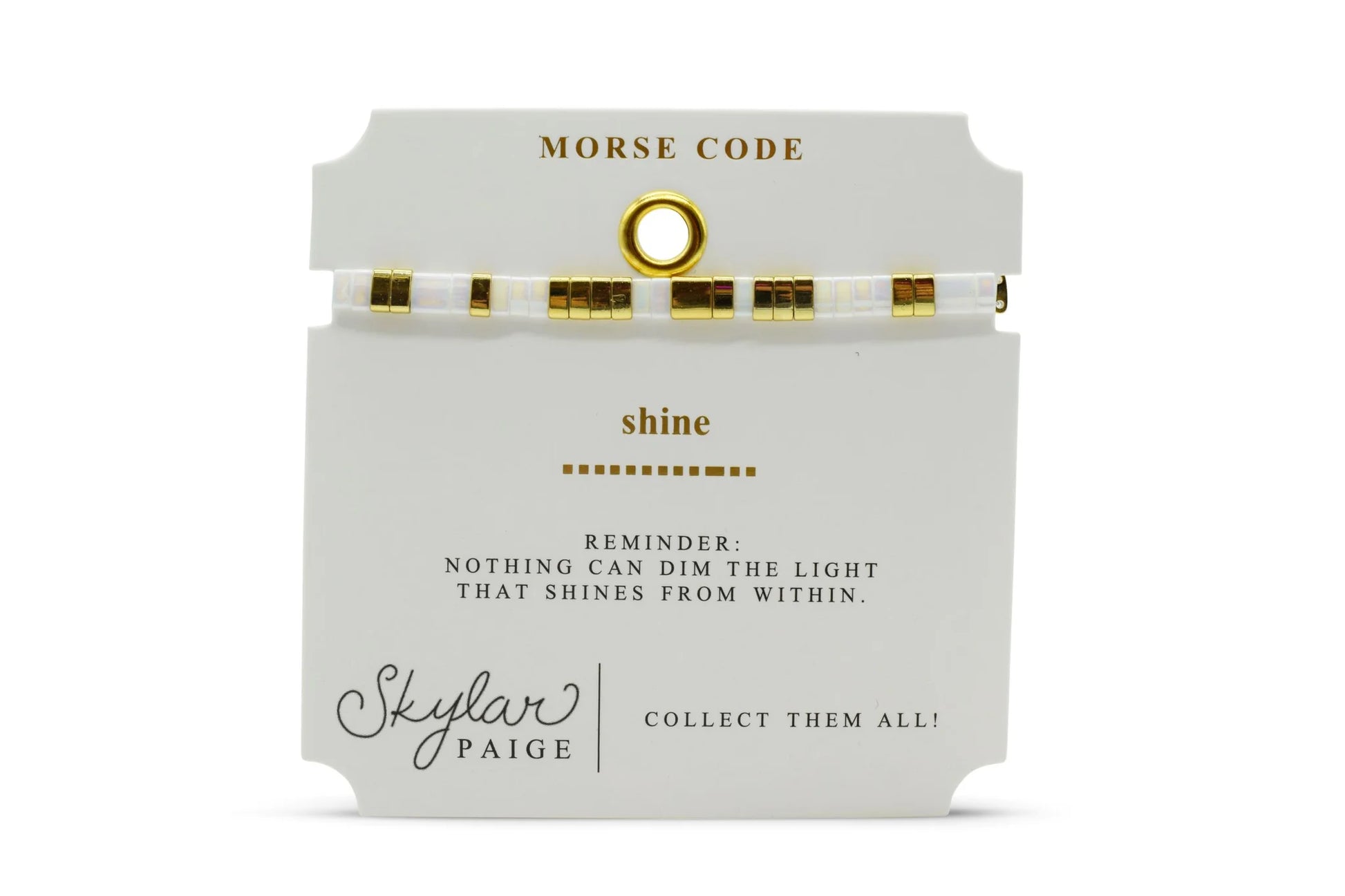 Skylar Paige 'Morse Code' packaging with a white and gold bead bracelet and the text "shine"