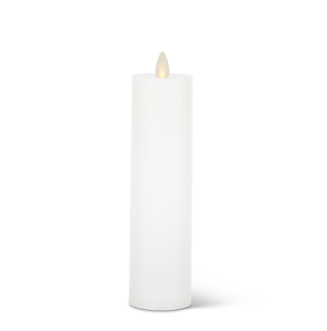 A white flameless candle with a realistic appearance, standing upright.