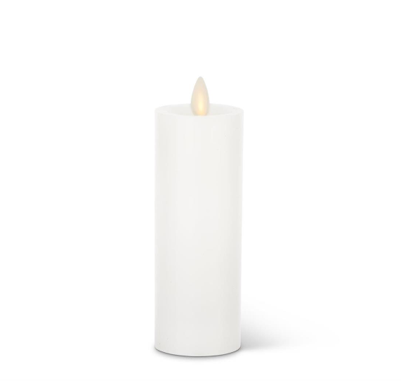 A white flameless candle with a moving flame effect on a white background.