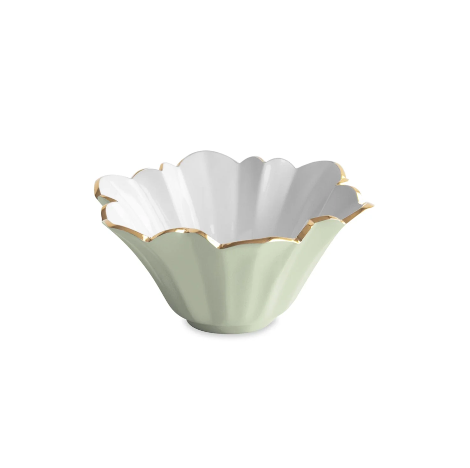 Decorative bowl in colors of white and pistachio with scalloped edge and gold trim
