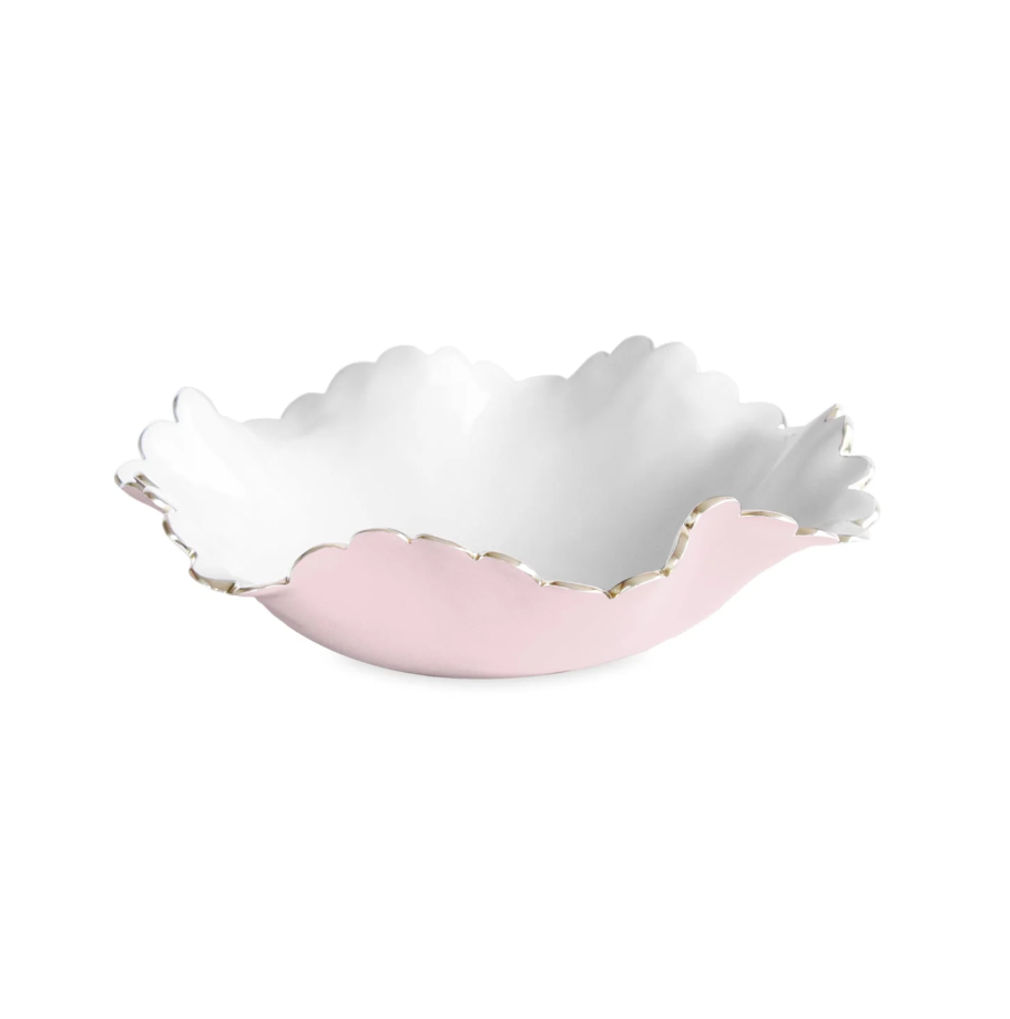Decorative bowl with scalloped edge in white and pink on a white background