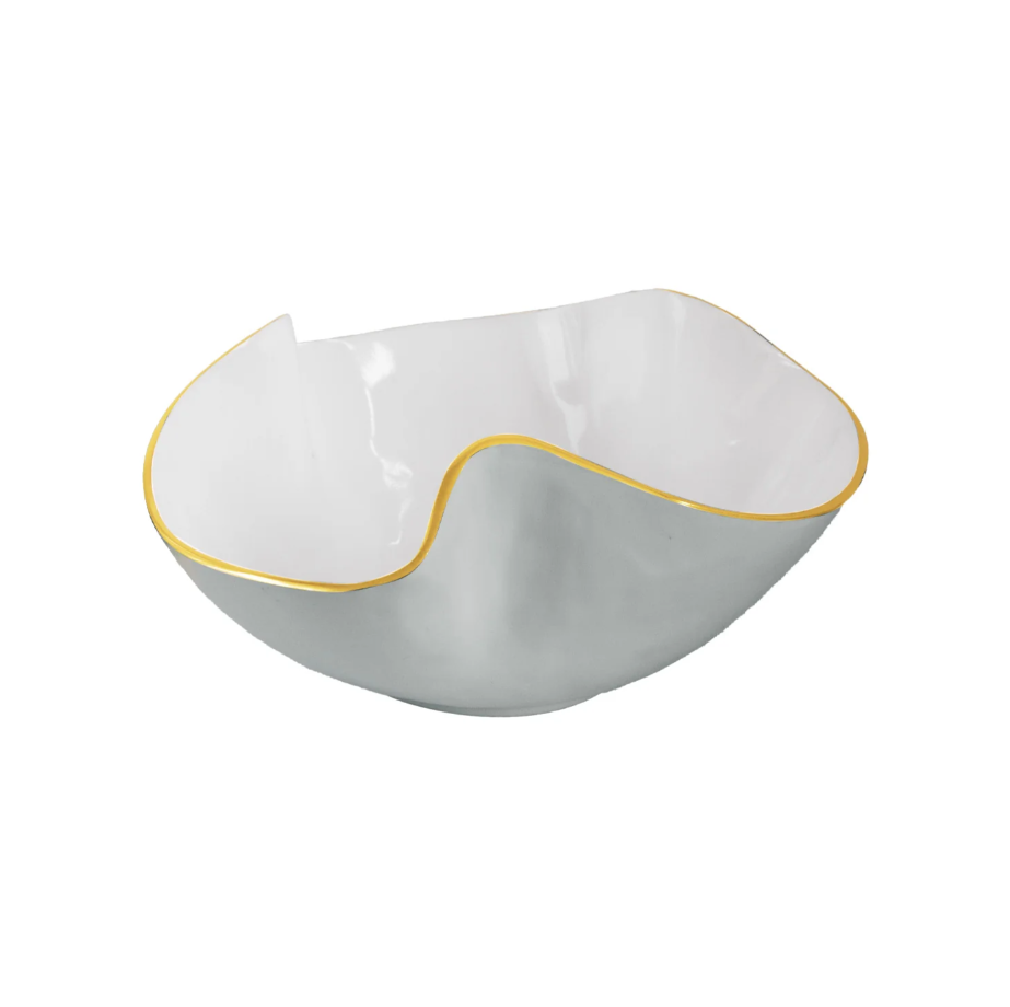 White and slate ceramic bowl with sculptural shape and a gold rim 
