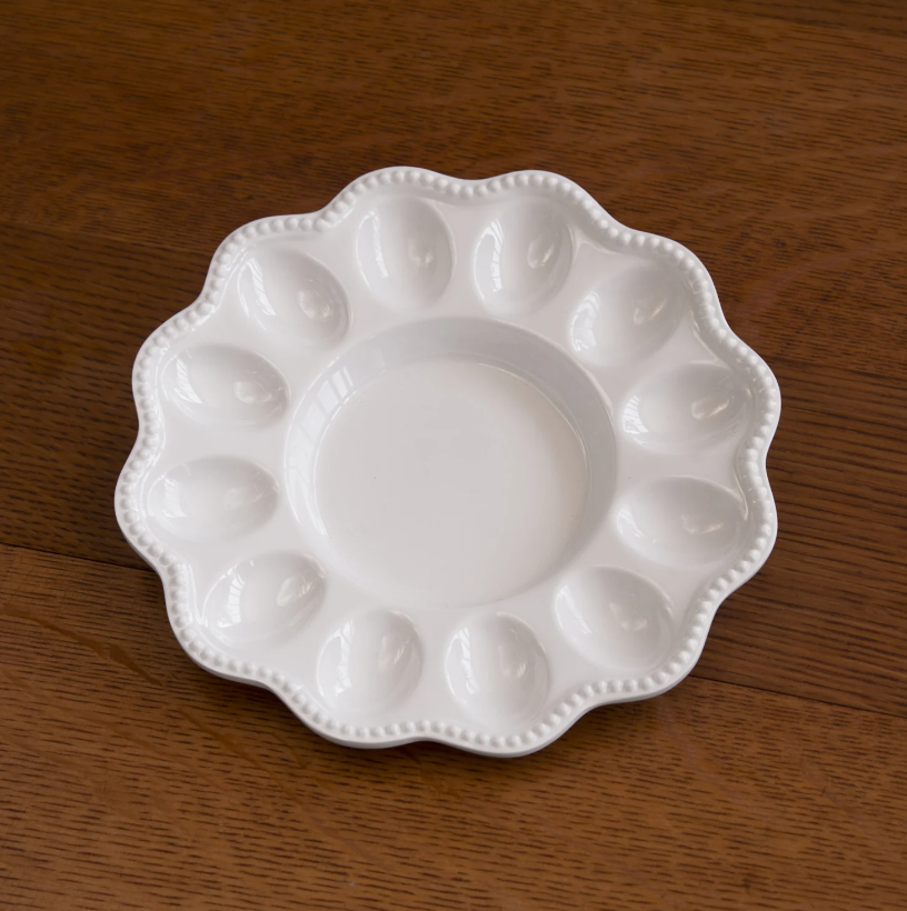 White melamine egg plate with decorative edge