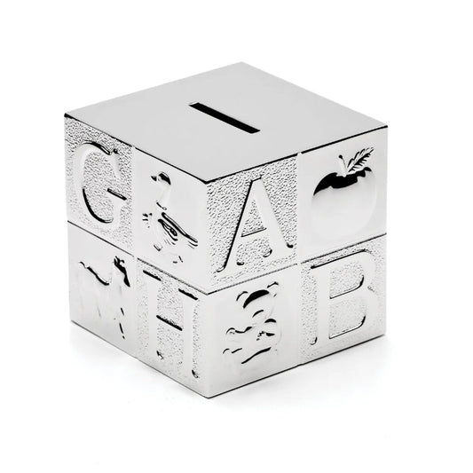 Silver cube-shaped silver alphabet bank with letter cutouts on a white background