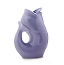 A small lavender ceramic fish-shaped creamer pitcher with a gurgle feature, suitable for serving creamer, syrup, or as a bud vase.