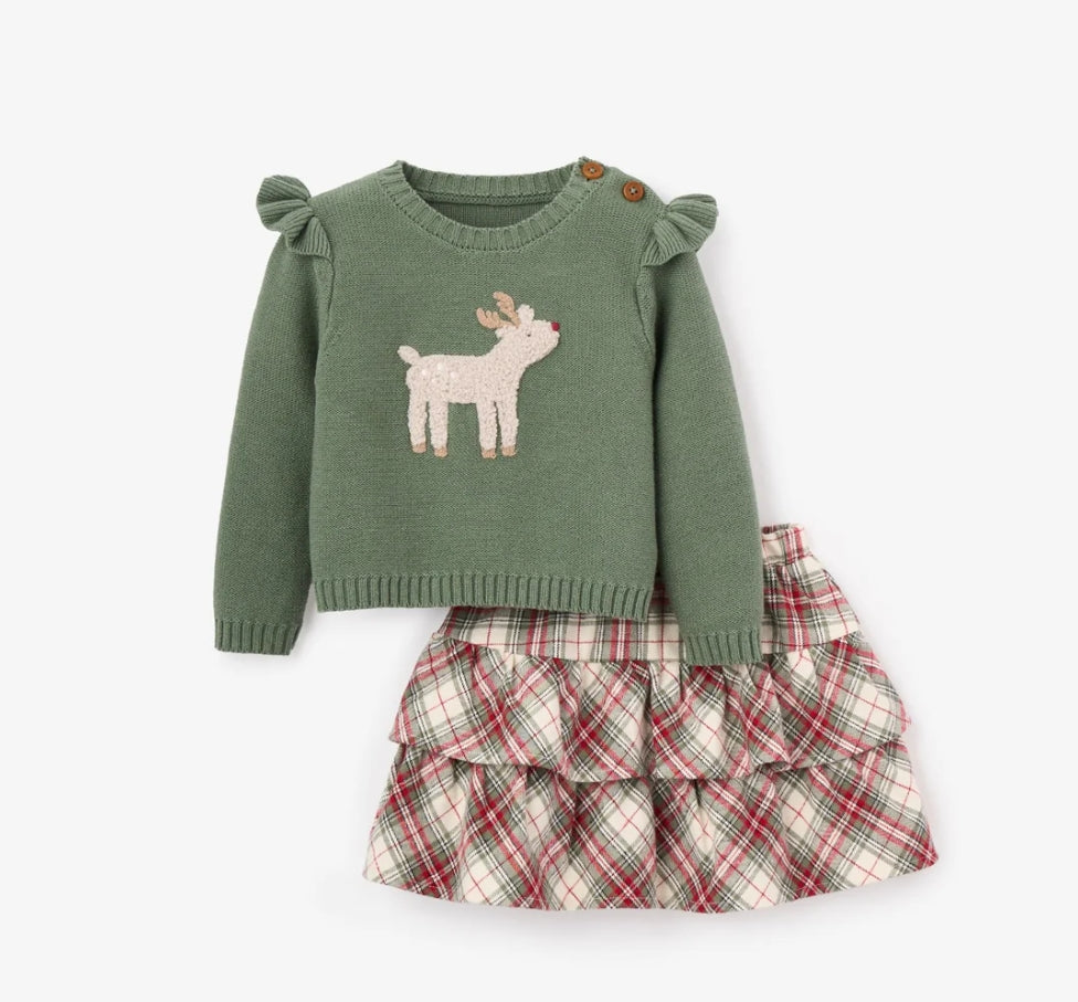 Elegant Baby Christmas Reindeer Sweater w/Plaid Skirt 9-12m