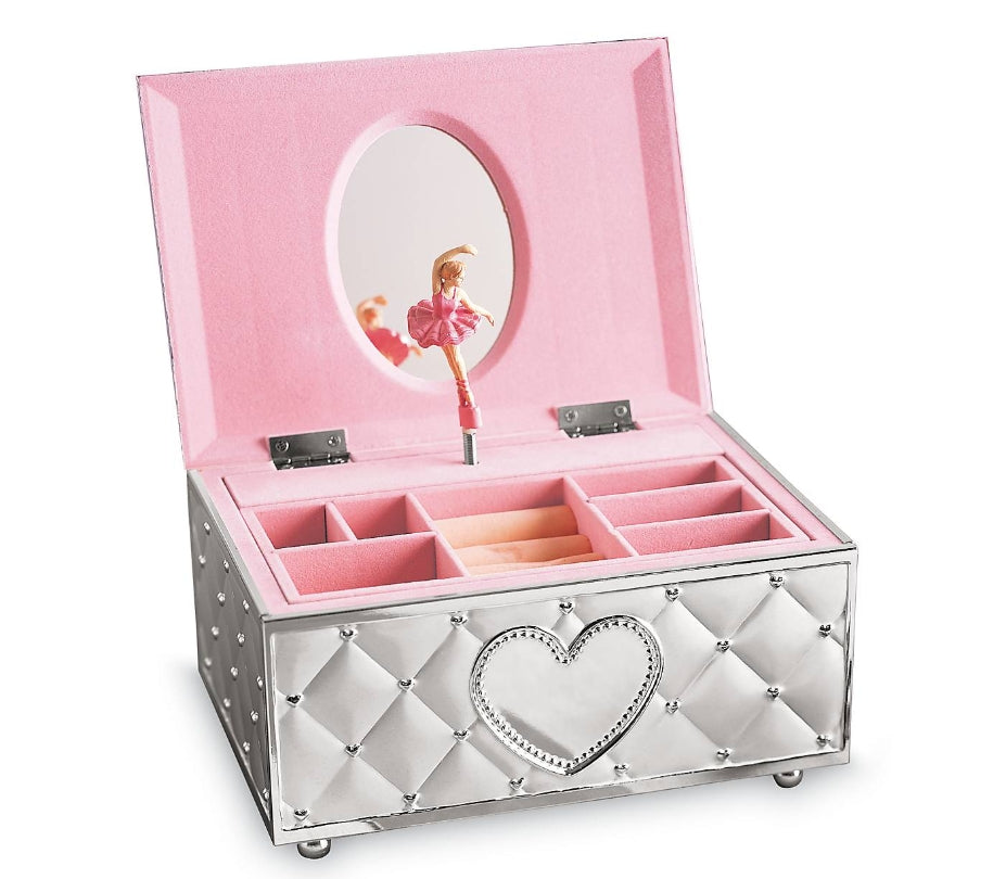 Silver Lenox patterend jewelry box with a heart on front with pink fabric inside featuring a mirror and a spinning ballet dancer with slots to store jewelry