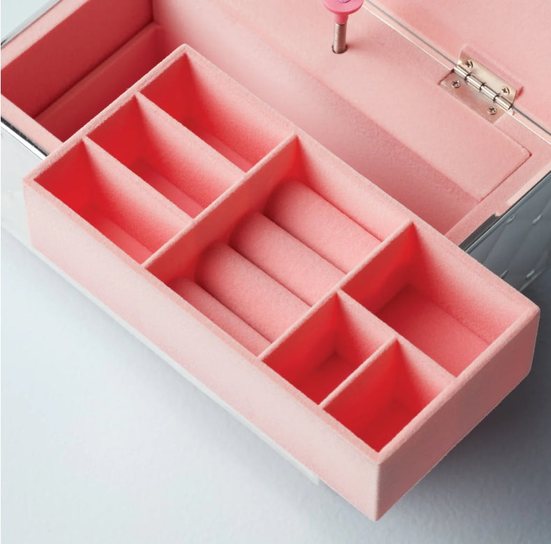 Lenox Pink jewelry box with compartments on a light gray background