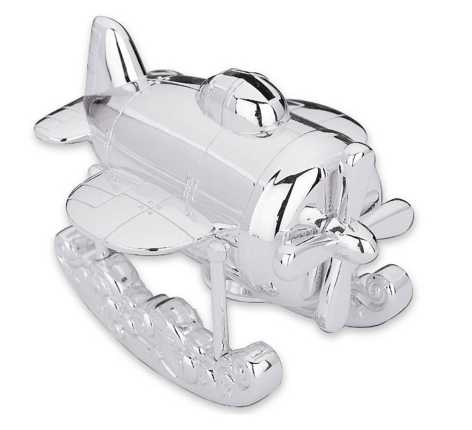 Lenox Silver airplane childs bank on a white background