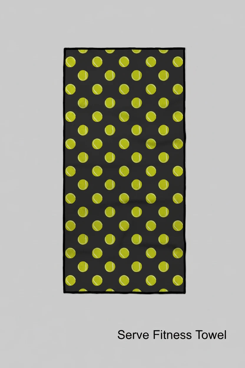 A rectangular black Geometry serve fitness towel  featuring a repeating pattern of bright yellow-green polka dots, shown flat against a light gray background.