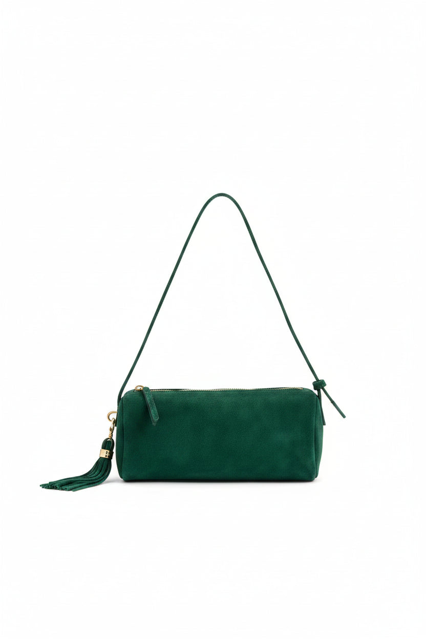 emerald Green suede Shiraleah Kylie shoulder handbag with a strap on a white background