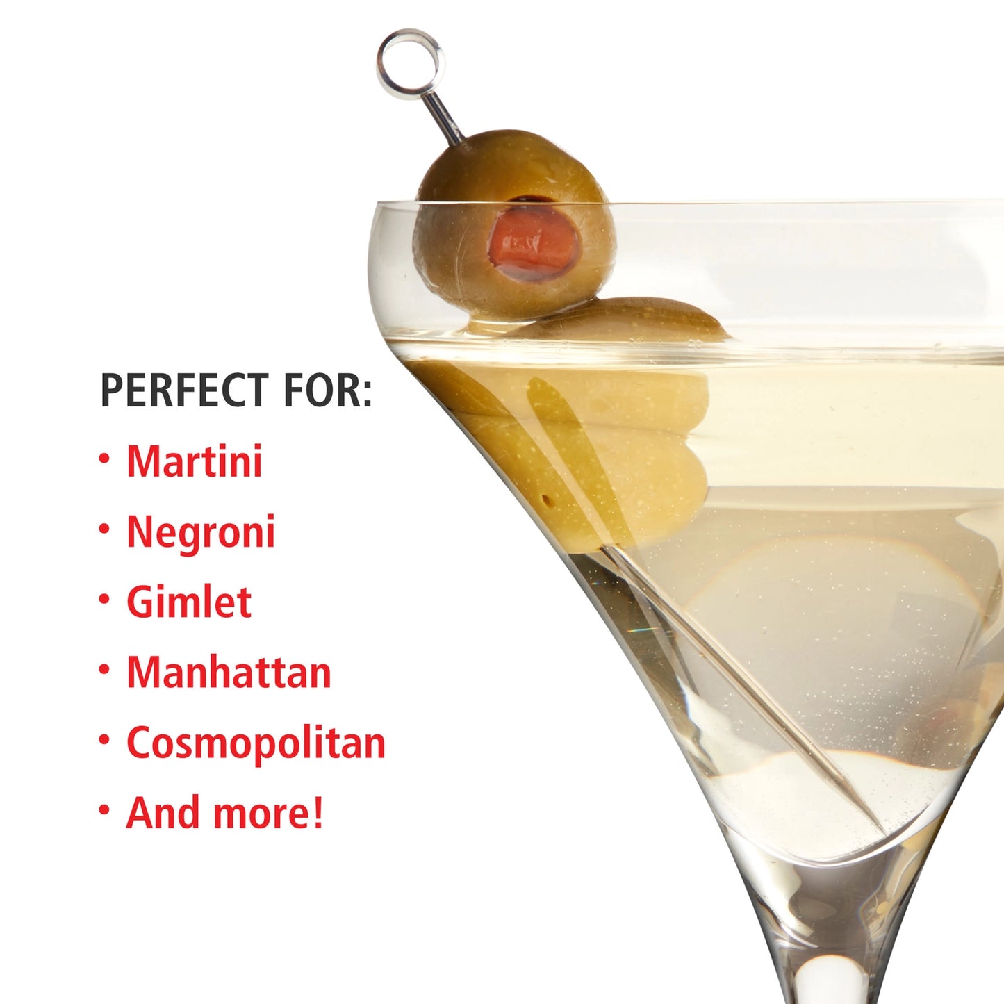 Spiegealau martini Cocktail glass with olives and text listing cocktails it's suitable for on a white background