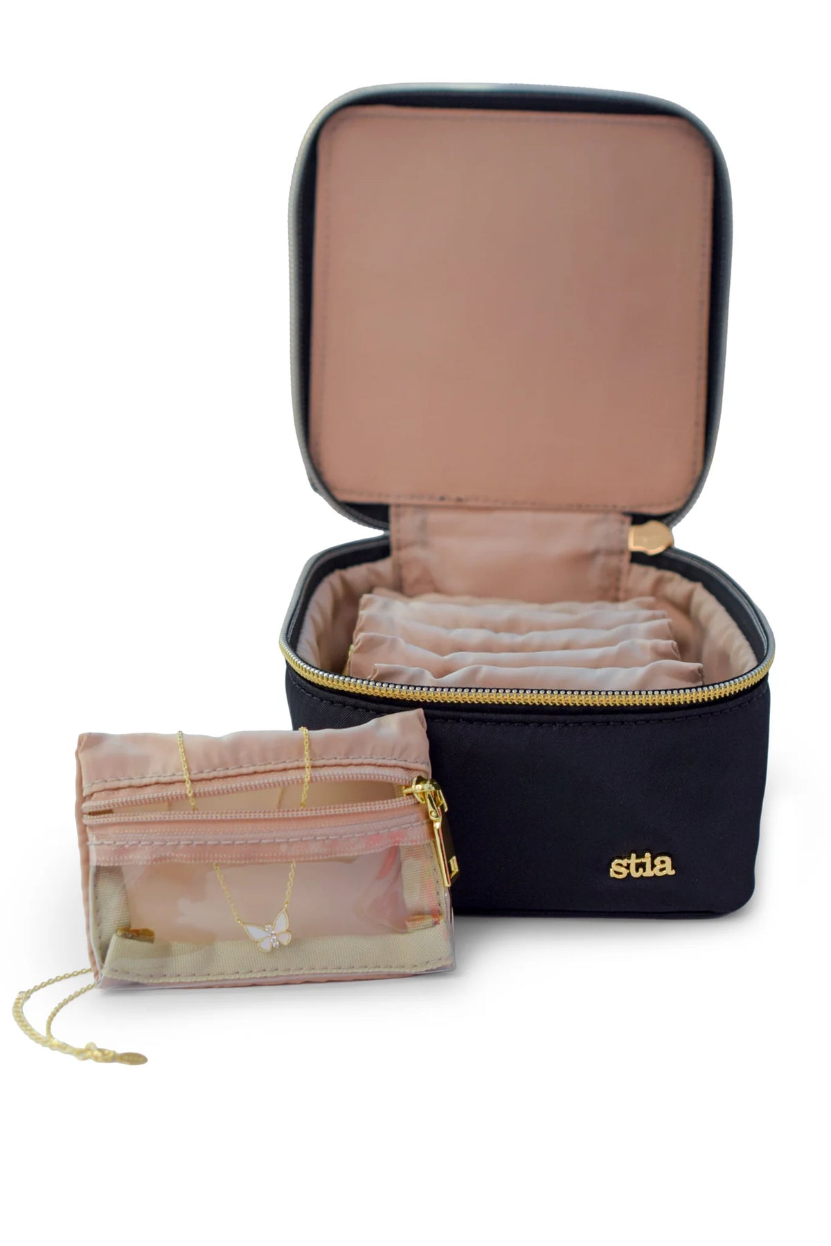 Black nylon stia travel Jewelry case with pink interior and small pink pouch on a white background