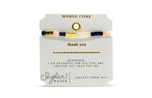 Skylar Paige Stia  Morse Code Thank you bracelet with packaging on a white background
