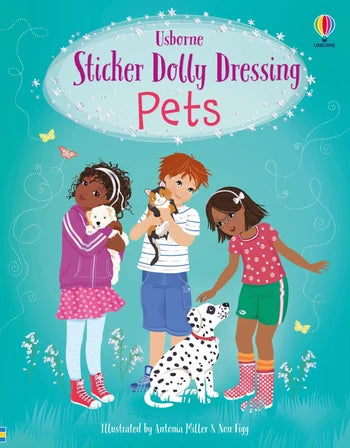 Usborne sticker dolly dressing pets book cover with a tuquoise background and three children standing on the cover each holding or petting an animal