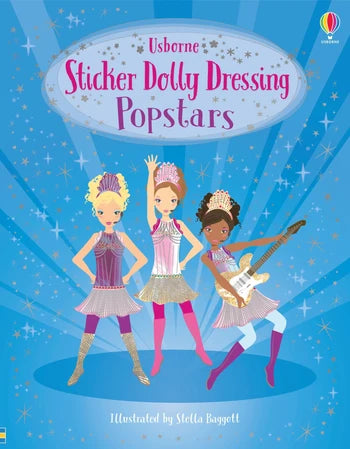 Usborne sticker dolly dressing popstar book cover with a blue background with three popstars in skirts and crowns on a stage