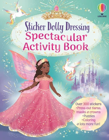 Usborne sticker dolly dressing spectacular activity book with a whimsical background and a princess with a pink dress and a castle