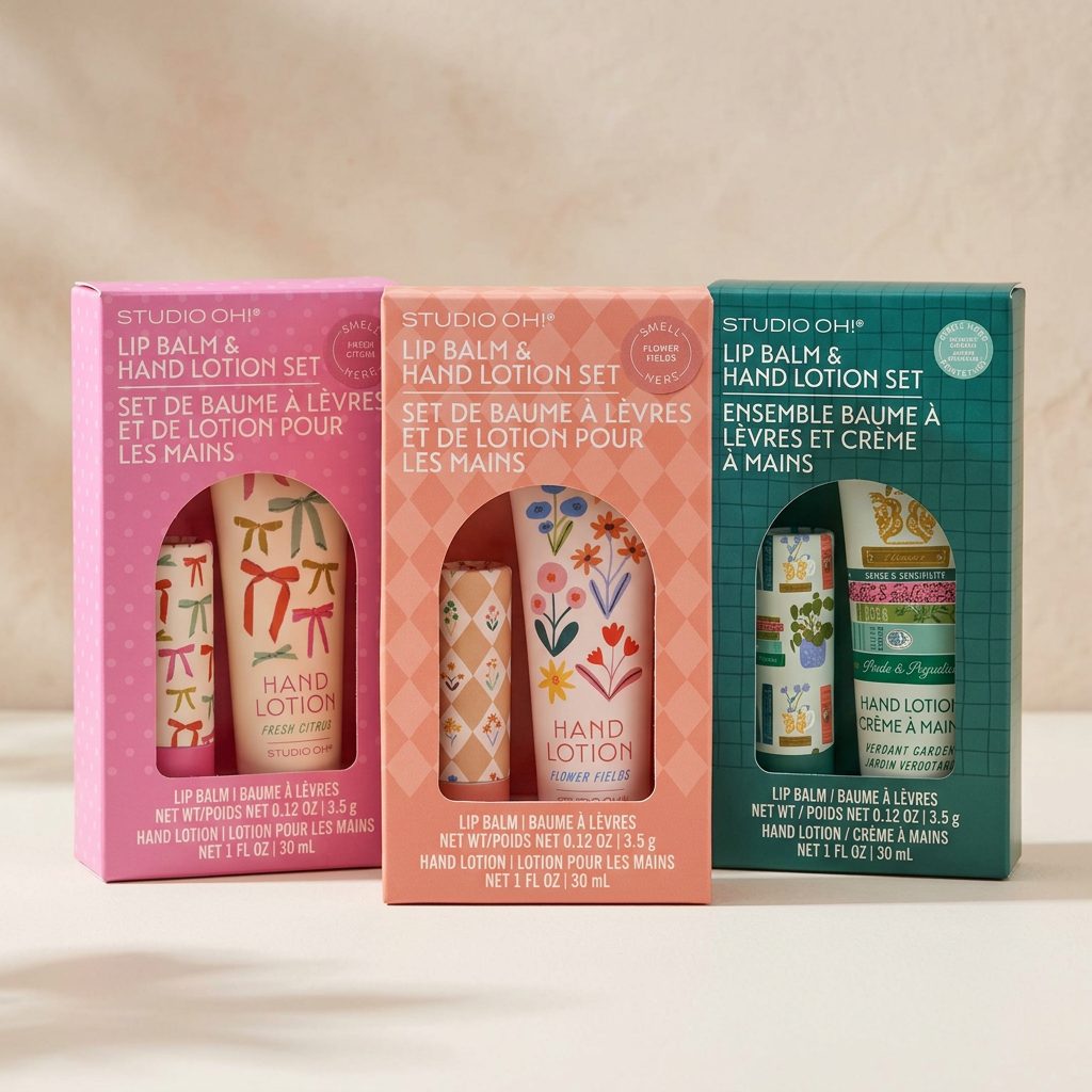 Studio Oh! lip balm and hand lotion sets  on a beige background available at the Little Exchange