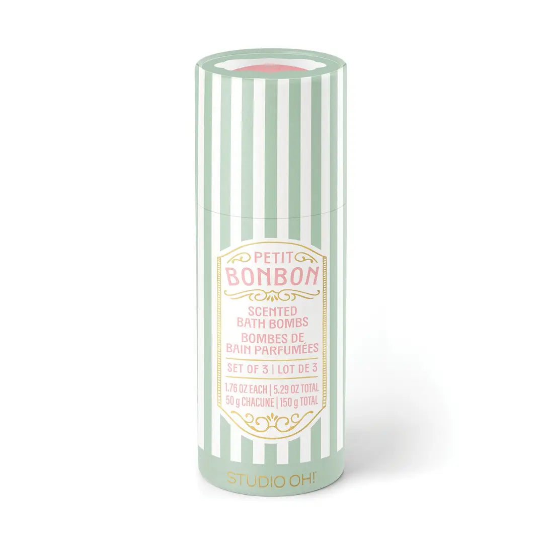Studio Oh! Petit Bonbon scented bath bombs set of 3 in green and white striped canister