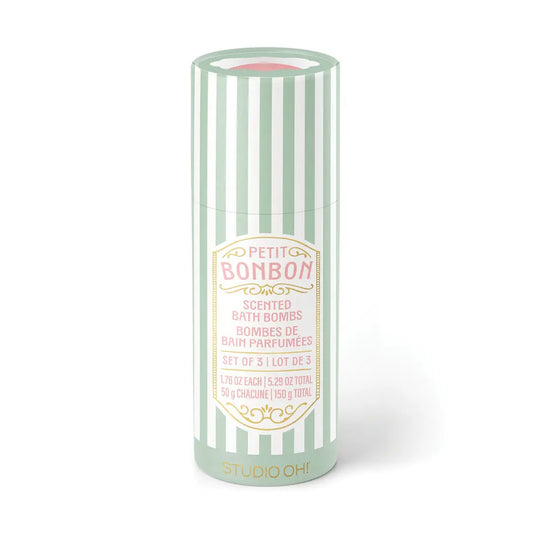 Studio Oh! Petit Bonbon scented bath bombs set of 3 in green and white striped canister