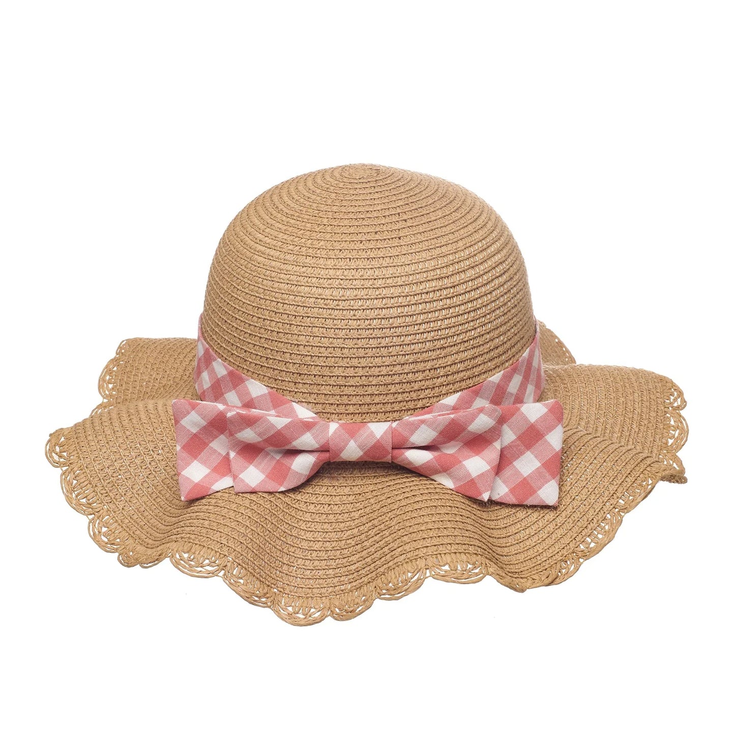 Beige straw hat with a pink and white checkered bow 