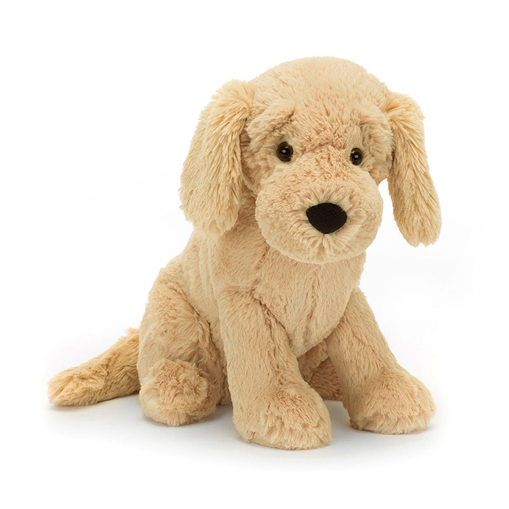 A plush toy resembling a golden retriever puppy with a beige coat, floppy ears, and a black nose.