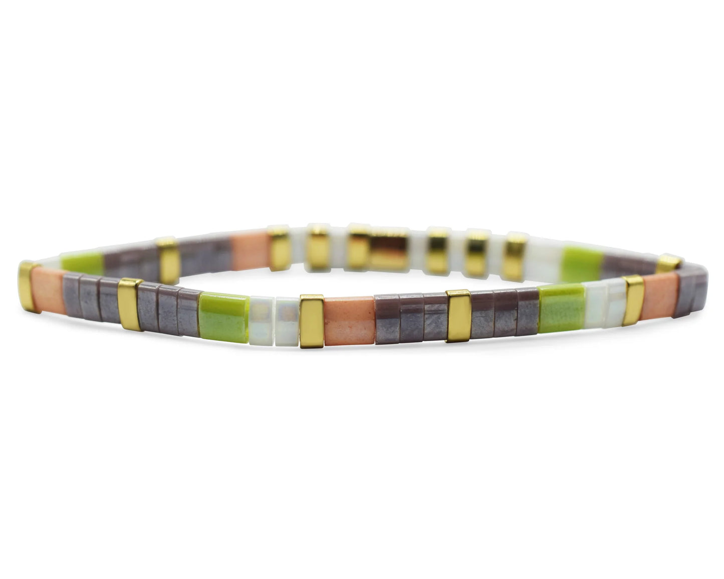 Multicolored beaded Skylar Page morse code bestie bracelet on a white background