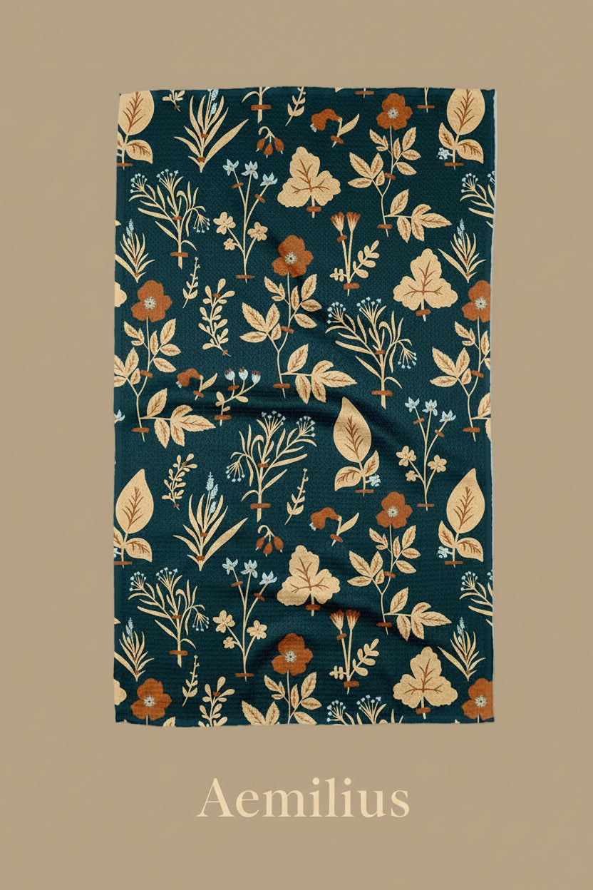 Floral patterned geometry aemilius tea towel with leaves and flowers on a dark blue background