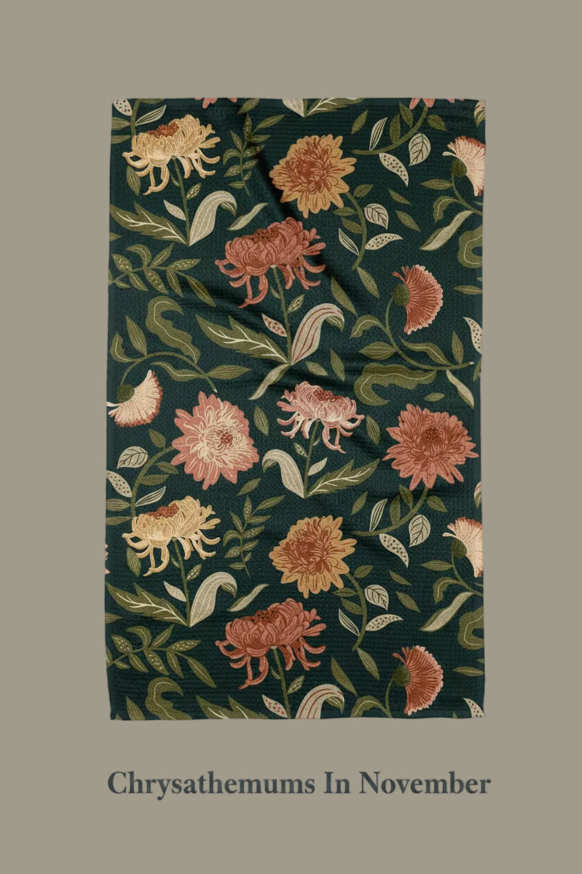 Floral patterned Geometry Chrysanthemums in November tea towel with pink and orange flowers on a dark green background