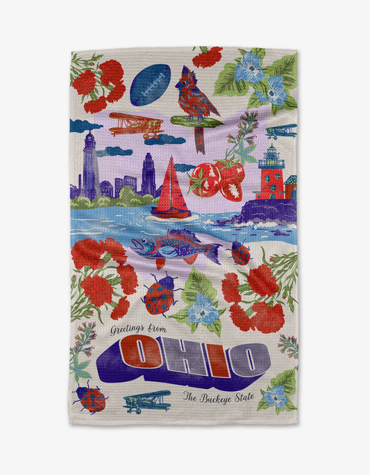 Decorative towel with colorful graphics and 'Greetings from Ohio' text on a white background