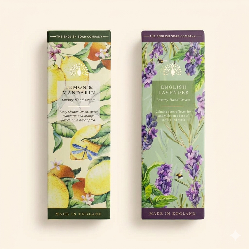 Two tall rectangular boxes of hand creams from The English Soap Company are shown side by side on a warm beige background. The left soap is Lemon & Mandarin, with a yellow and green botanical illustration and the right is English Lavendar in a green box with purple flowers and accents