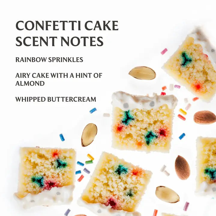 Pieces of Confetti cake and almonds and a description of the Confetti Cake scent