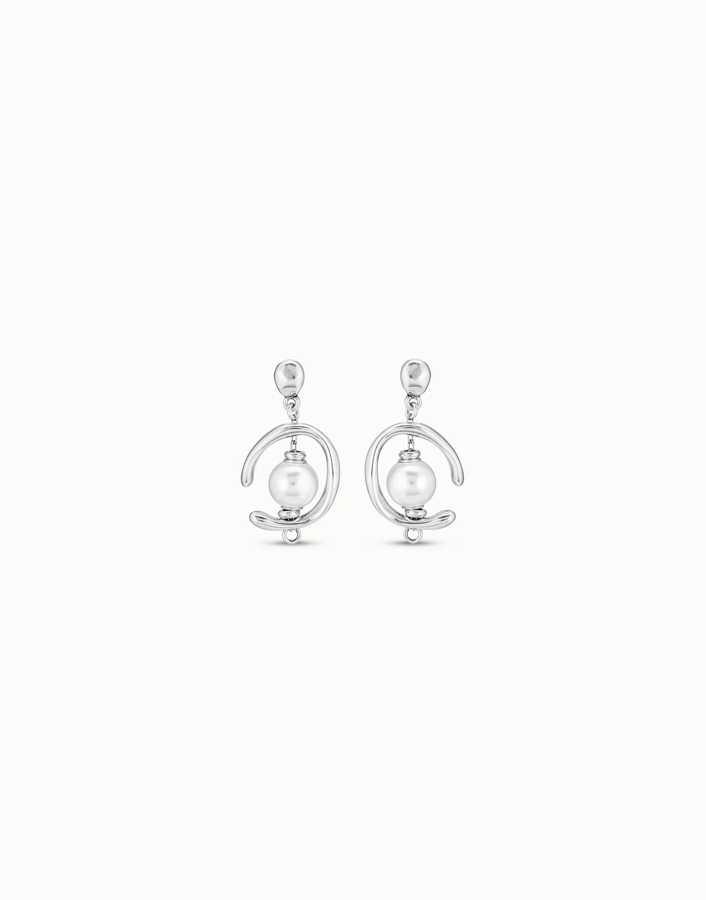 Pair of UNOde50 Inorbit Silver Drop Earrings with Pearls on a white background