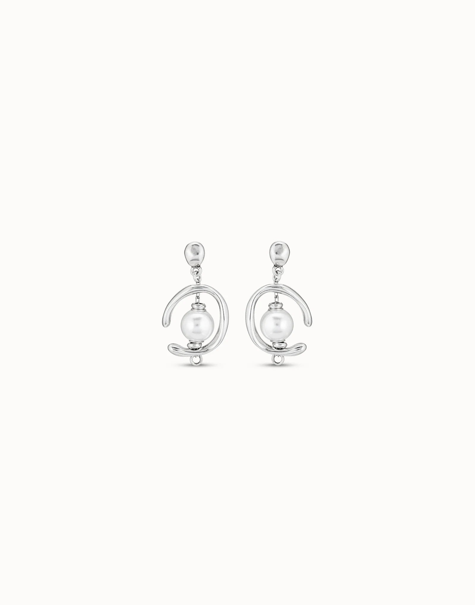 Pair of UNOde50 Inorbit Silver Drop Earrings with Pearls on a white background