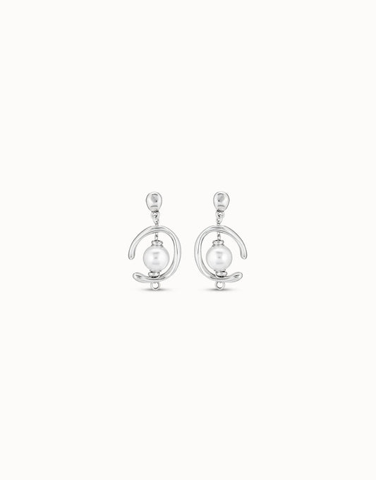 Pair of UNOde50 Inorbit Silver Drop Earrings with Pearls on a white background