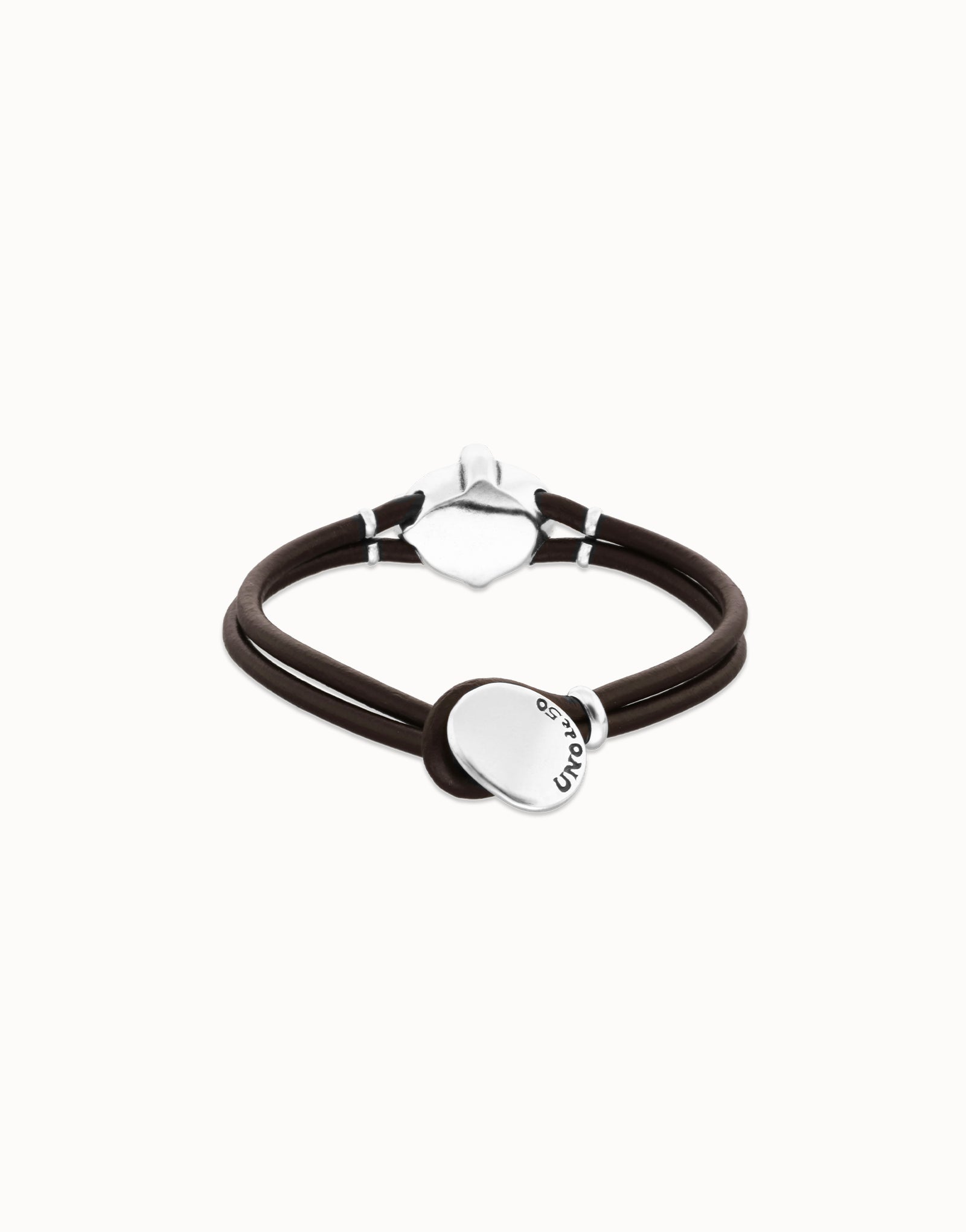 UNOde50 Black leather Bracelet backside with Silver on a white background
