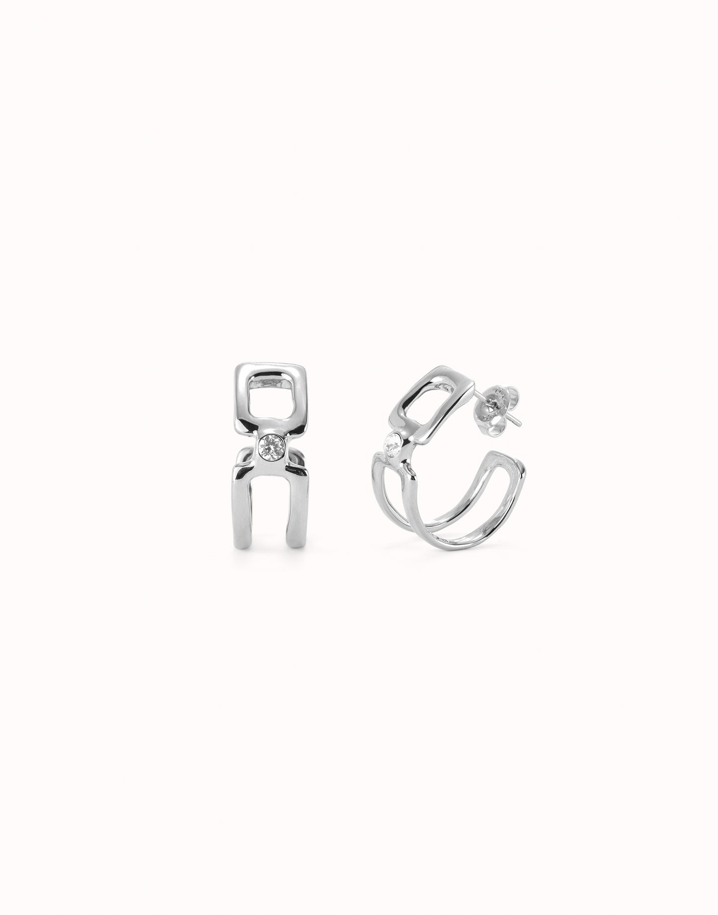 UNOde50 Ser Indomitable Silver Hoop Earrings with White Topaz and earring back on white background