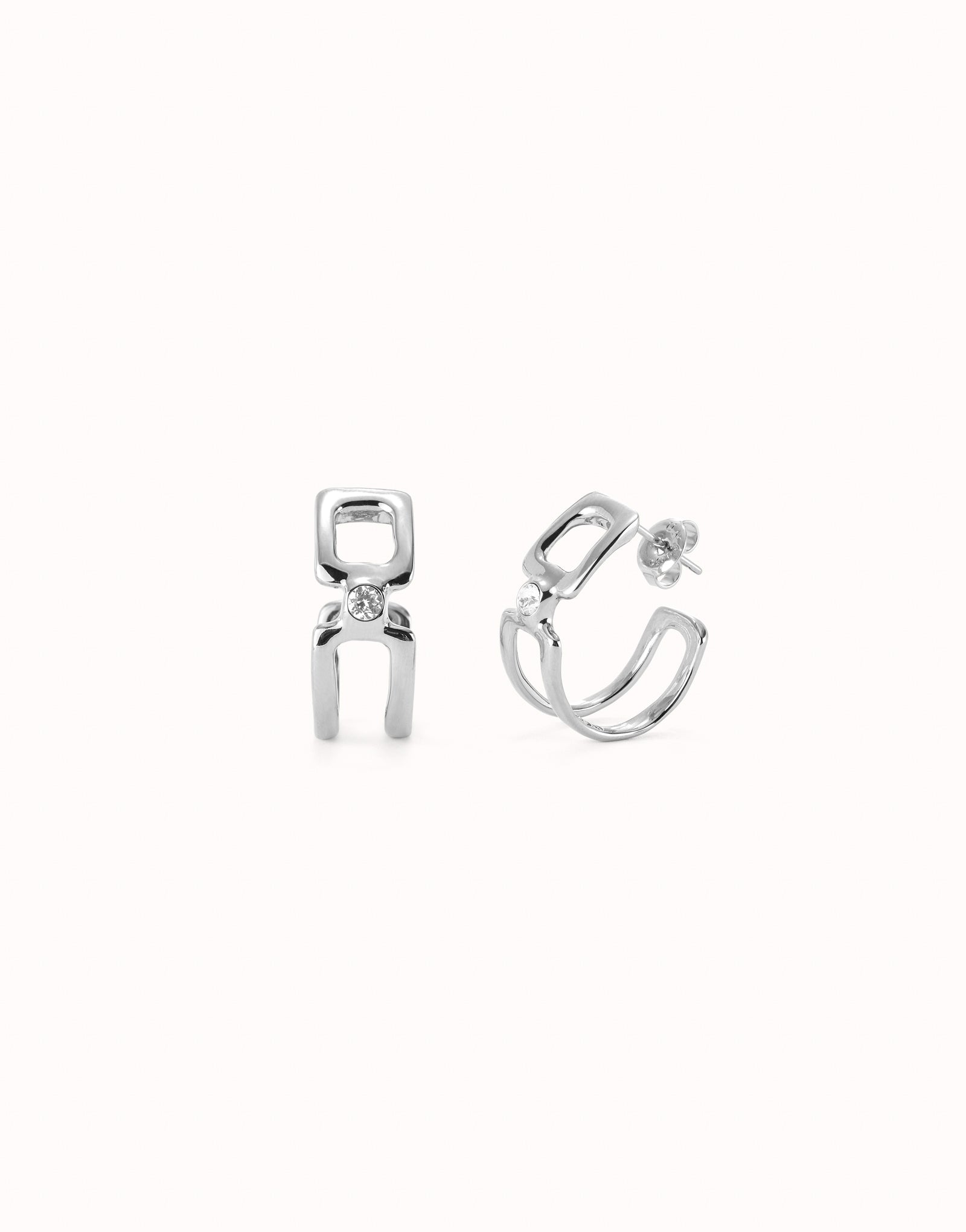 UNOde50 Ser Indomitable Silver Hoop Earrings with White Topaz and earring back on white background